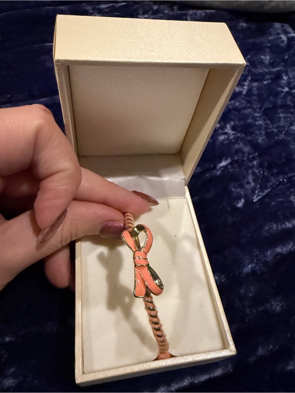 Pink Enamel Ribbon Rope Bracelet with Gold Accents